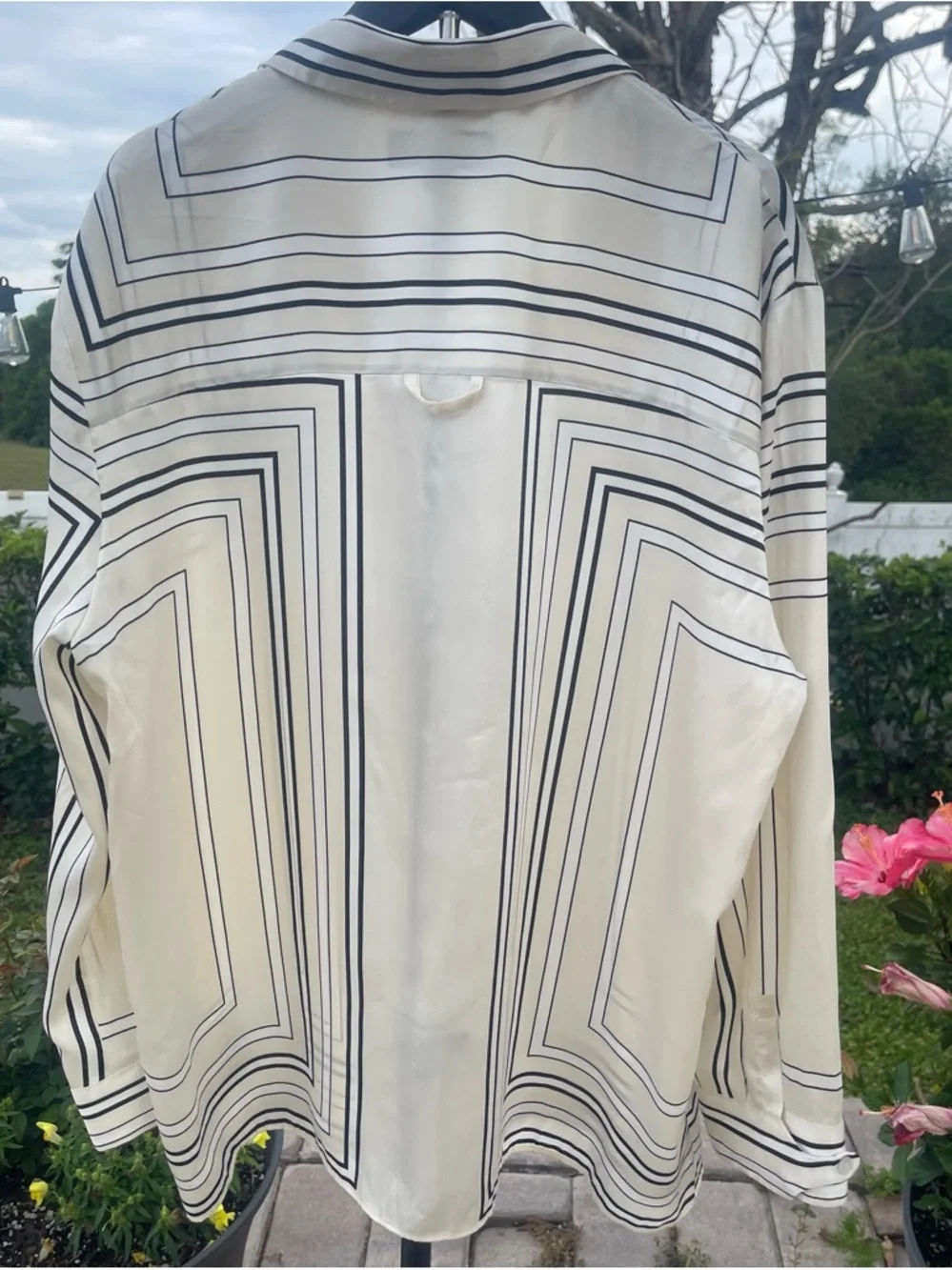 Zara Cream and Black Striped Geometric Button-Up Blouse